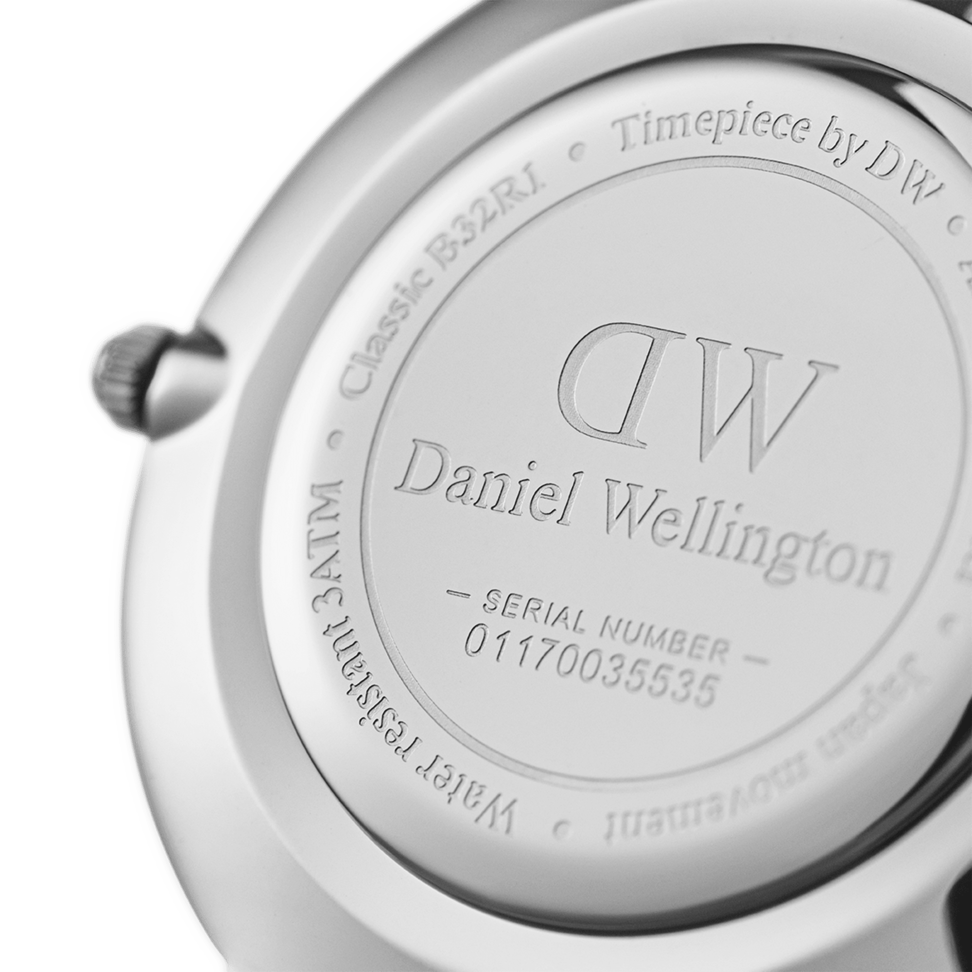 Watch caseback with engraved DW logo and serial number