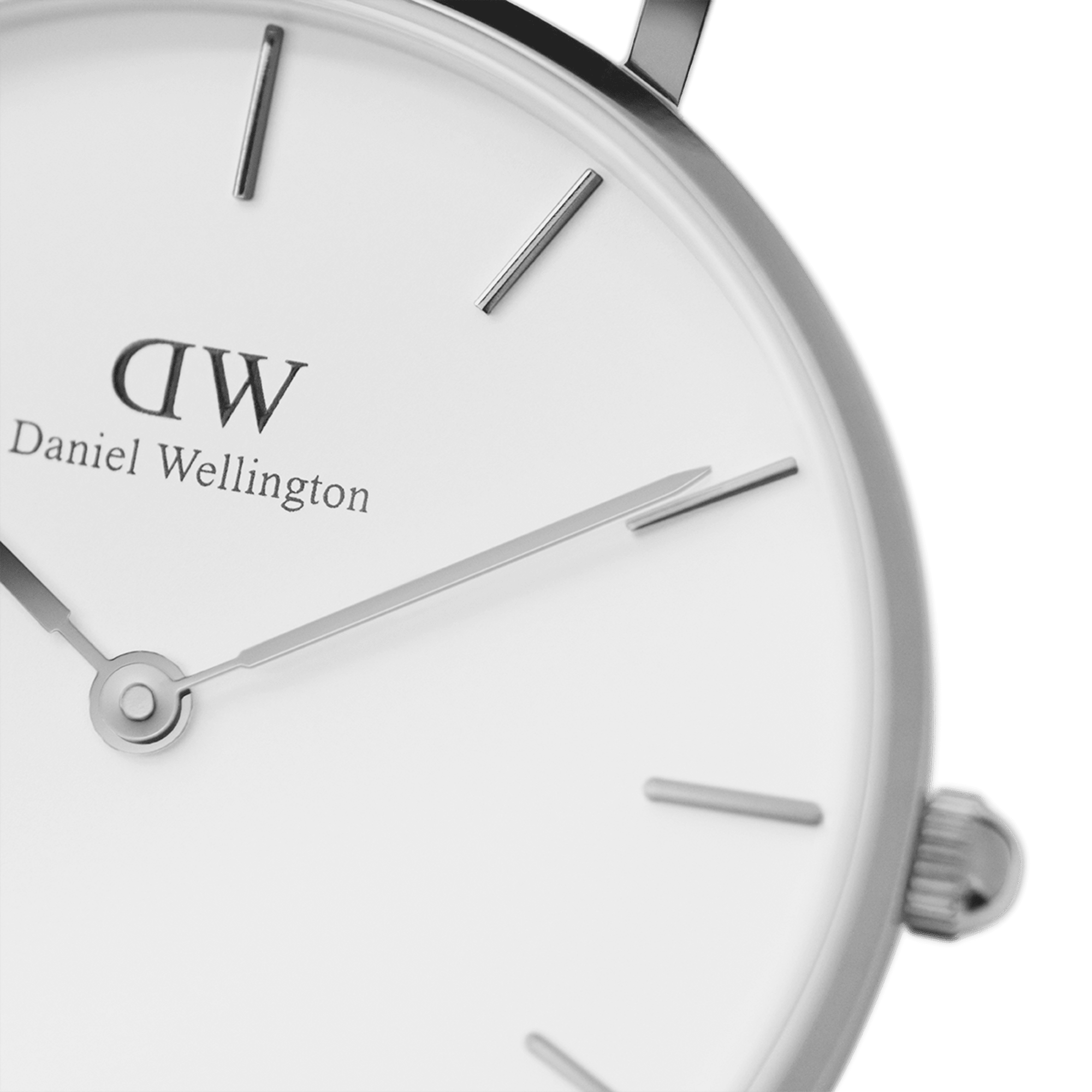 Close-up of watch dial showing DW logo and minimalist index markers