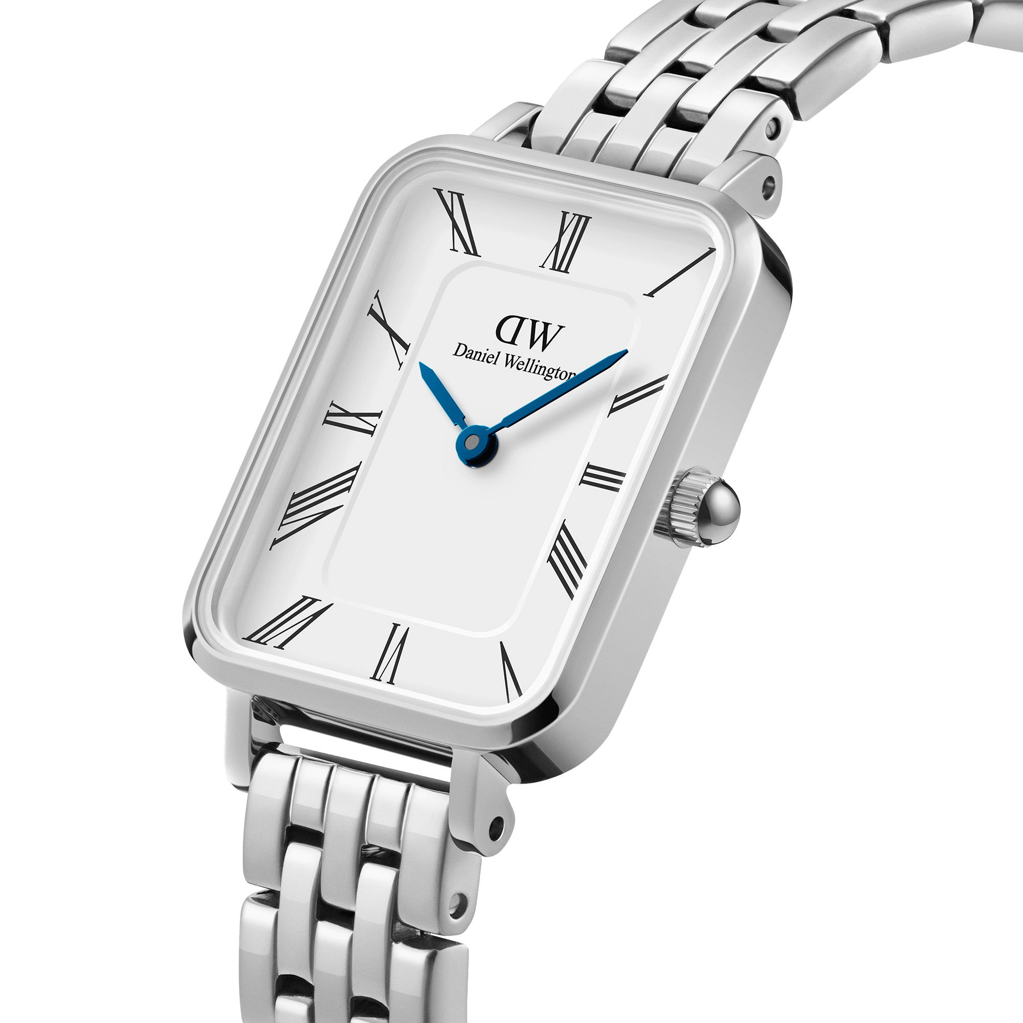 Daniel Wellington Quadro women's watch side angle view showing rectangle case and steel bracelet