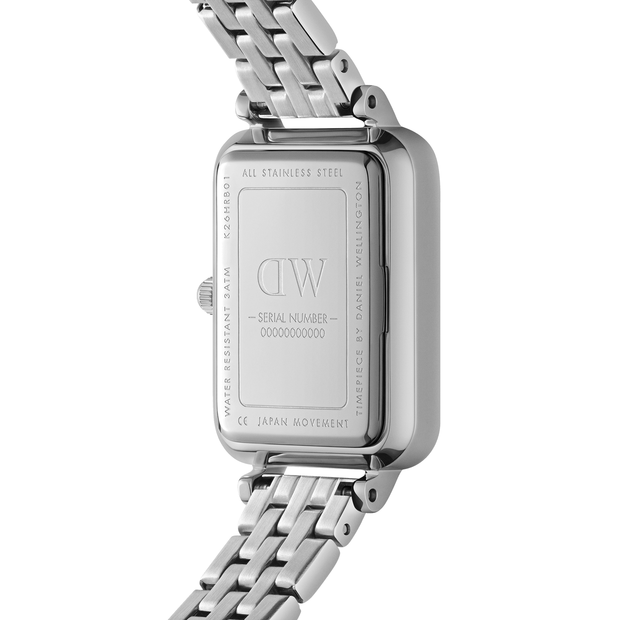 Daniel Wellington Quadro women's watch caseback showing stainless steel construction and serial number