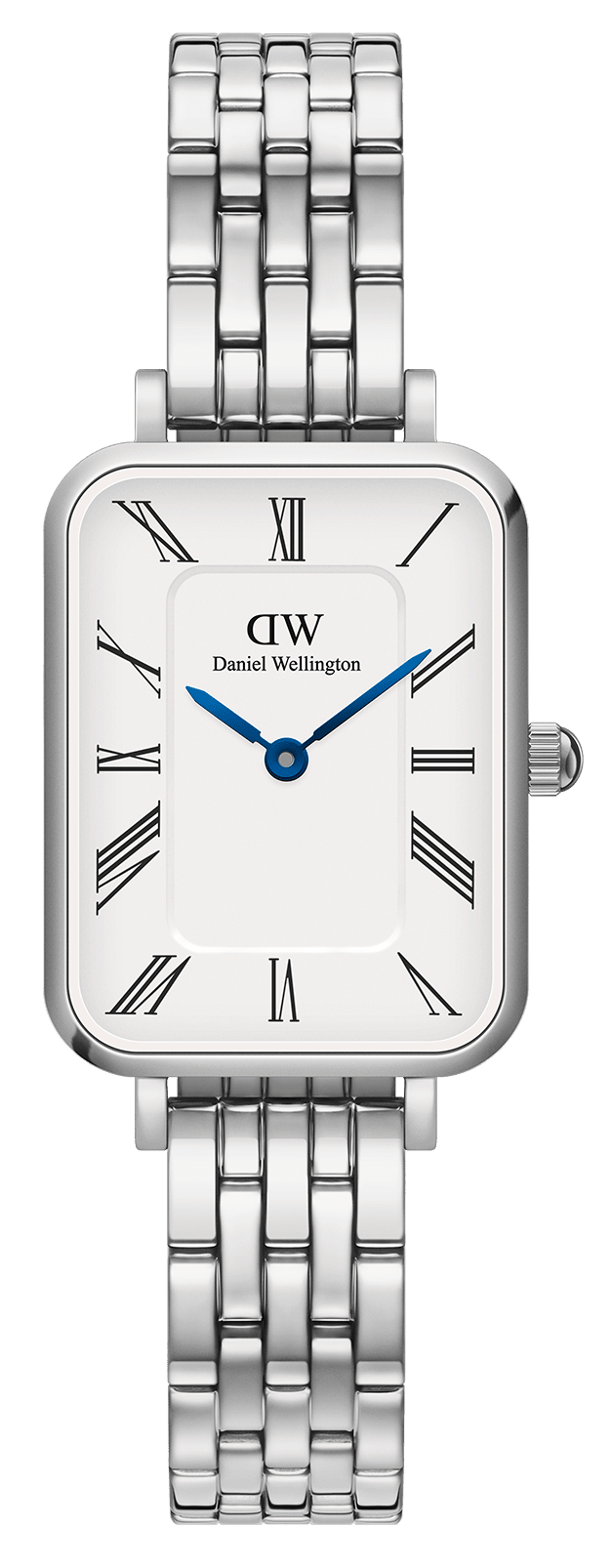 Daniel Wellington Quadro women's watch with white dial, roman numerals, blue hands, and silver 5-link steel bracelet