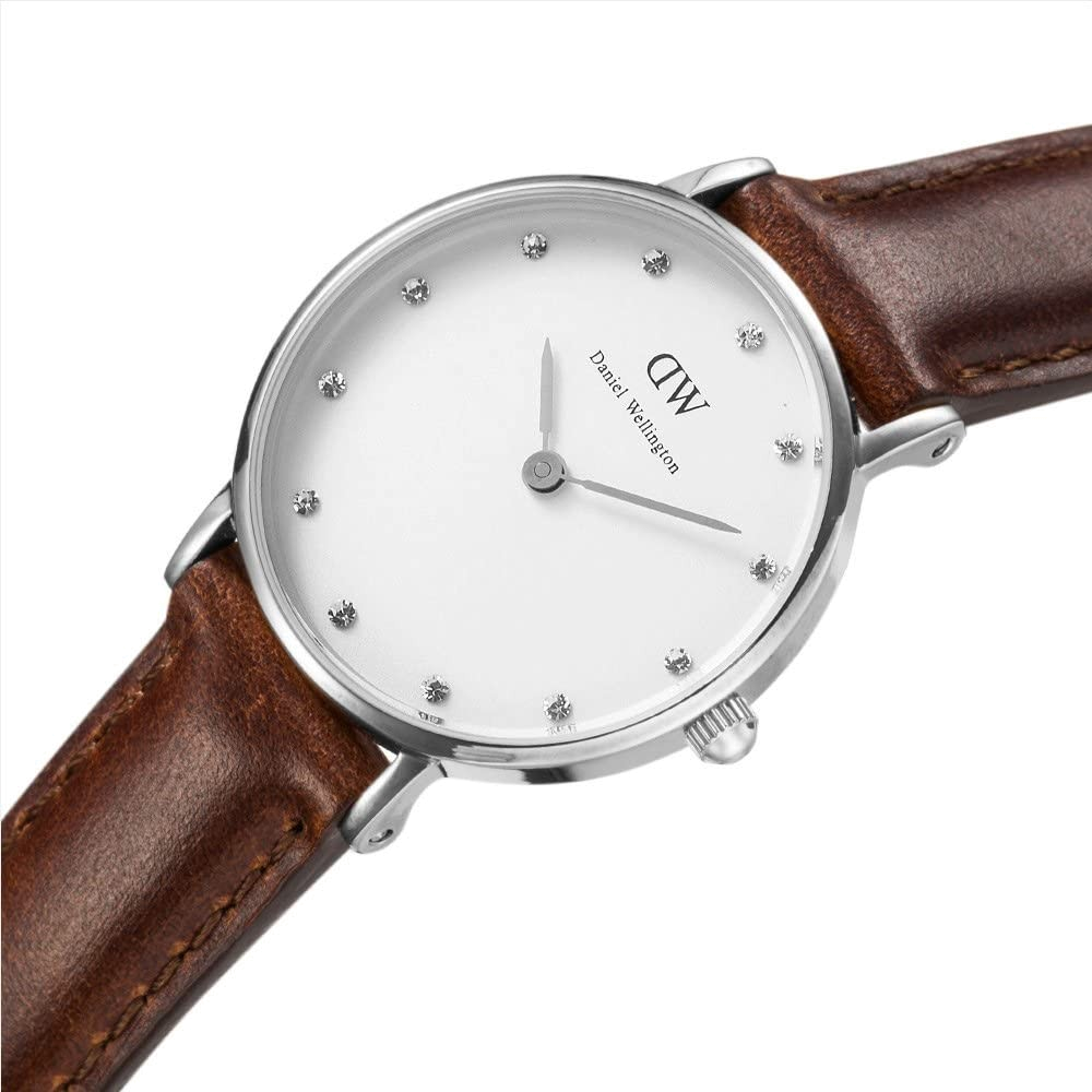 Daniel Wellington Classy St Mawes watch angled view showing white dial with crystal markers and brown leather band