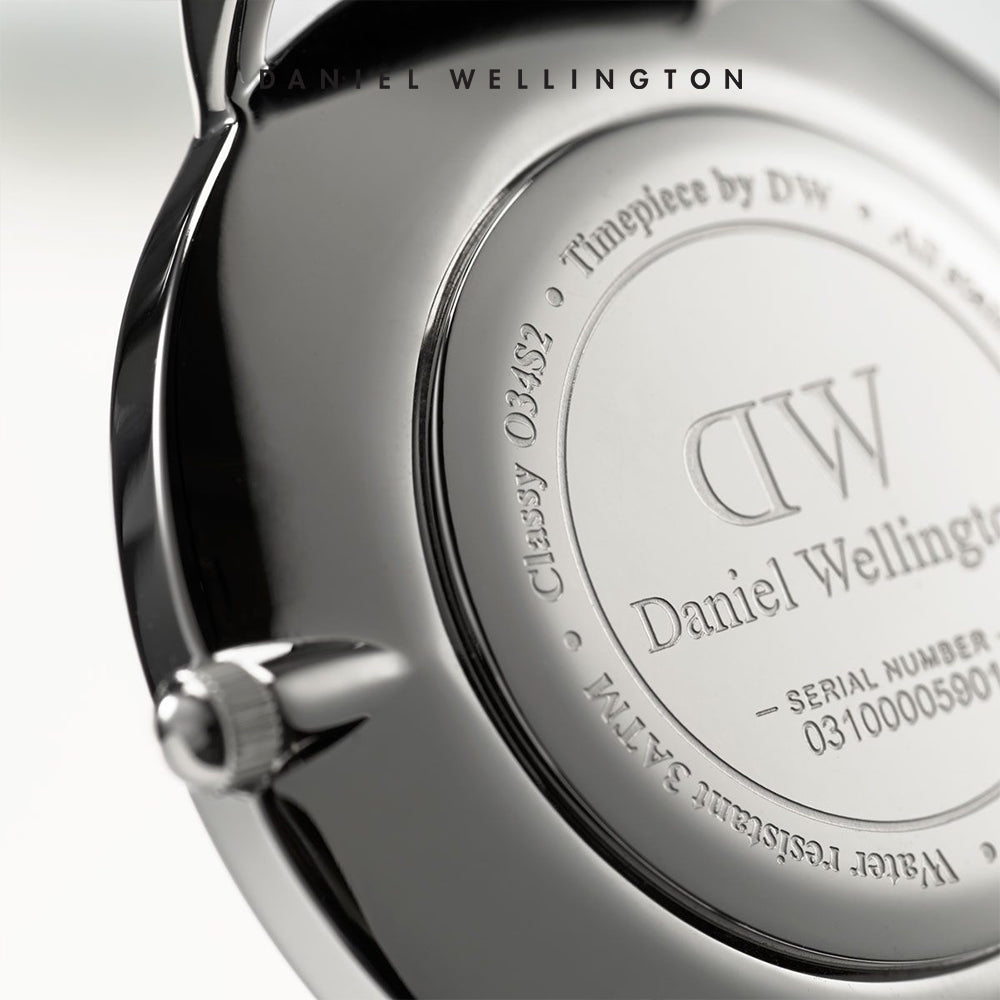 Daniel Wellington caseback showing serial number and DW branding
