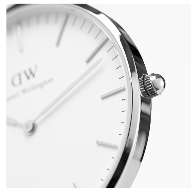 Close-up detail of Daniel Wellington watch dial and crown