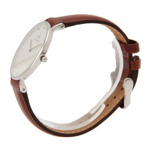 Side profile of Daniel Wellington Classy St Mawes watch showing rose gold case and brown leather strap