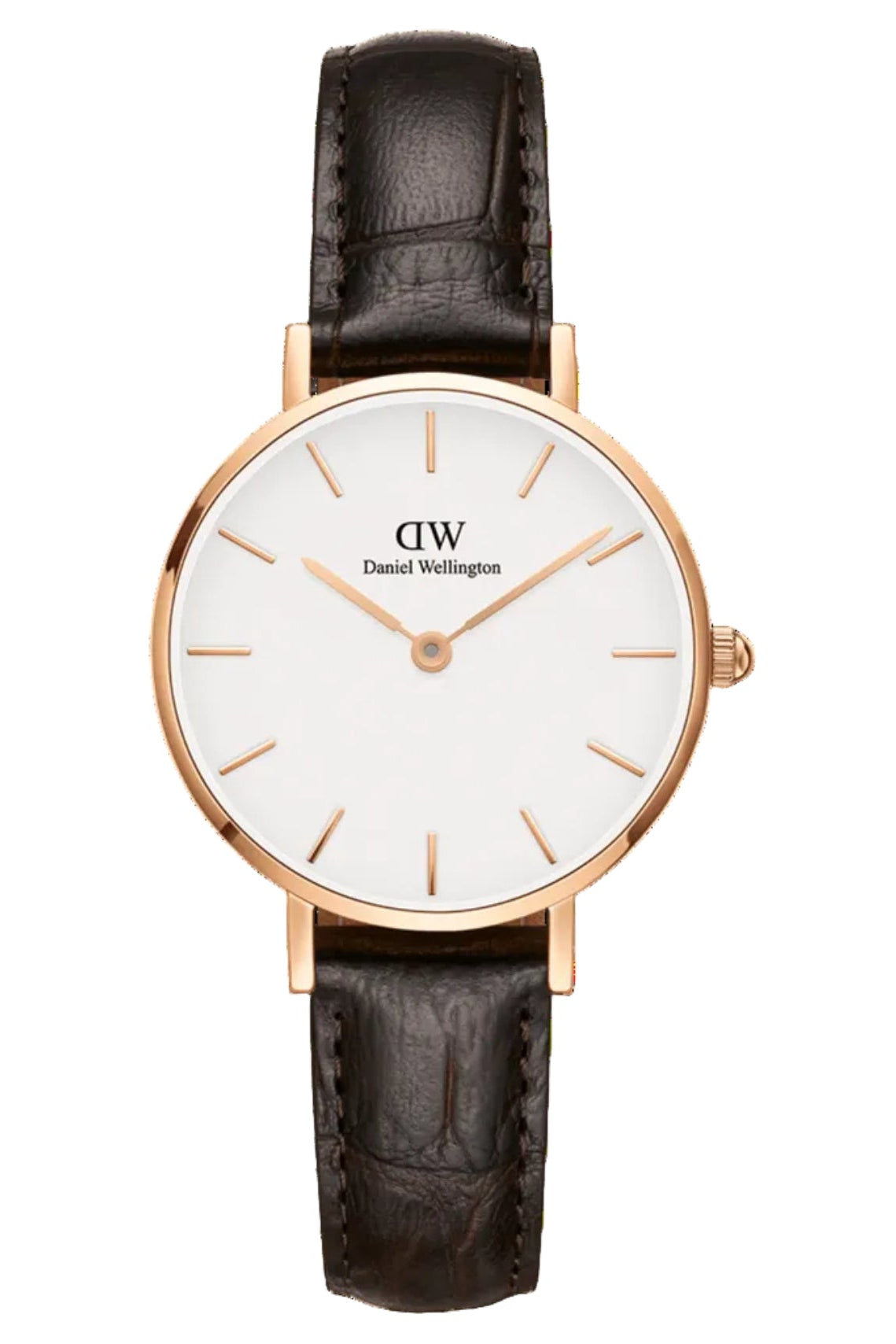 Daniel Wellington Petite York 32mm watch with white dial, rose gold case, and dark brown leather strap