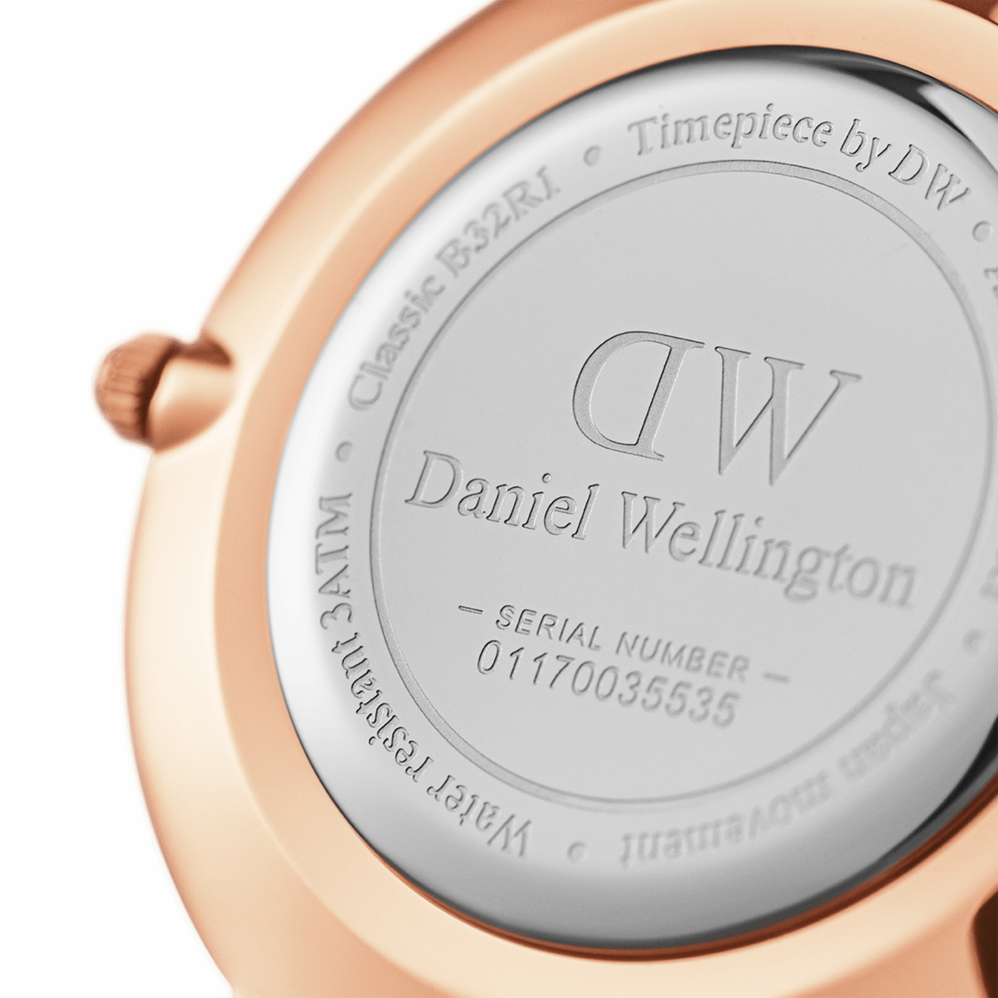 Case back engraved with Daniel Wellington branding and serial number
