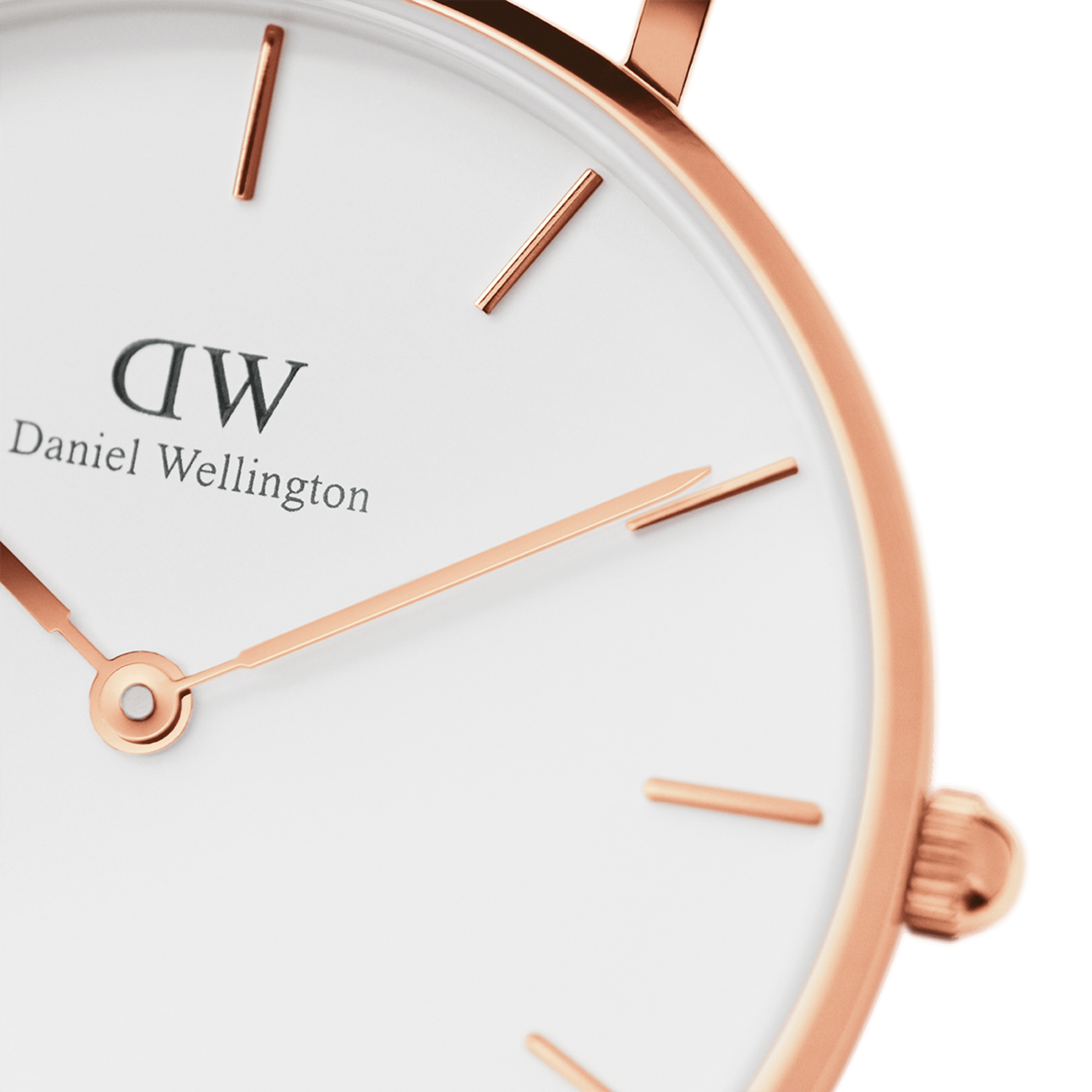 Close-up of white dial with rose gold hour markers and Daniel Wellington branding
