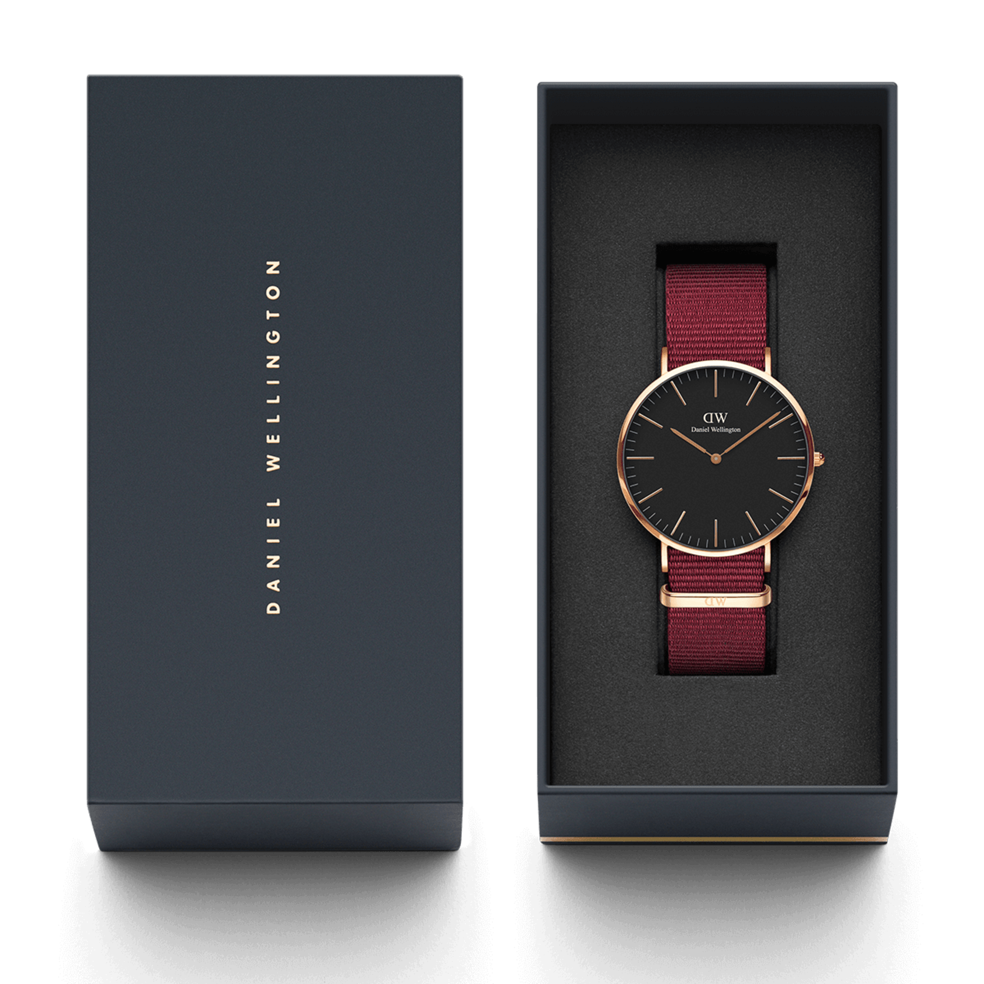 Daniel Wellington branded box set with burgundy fabric band watch and navy outer packaging