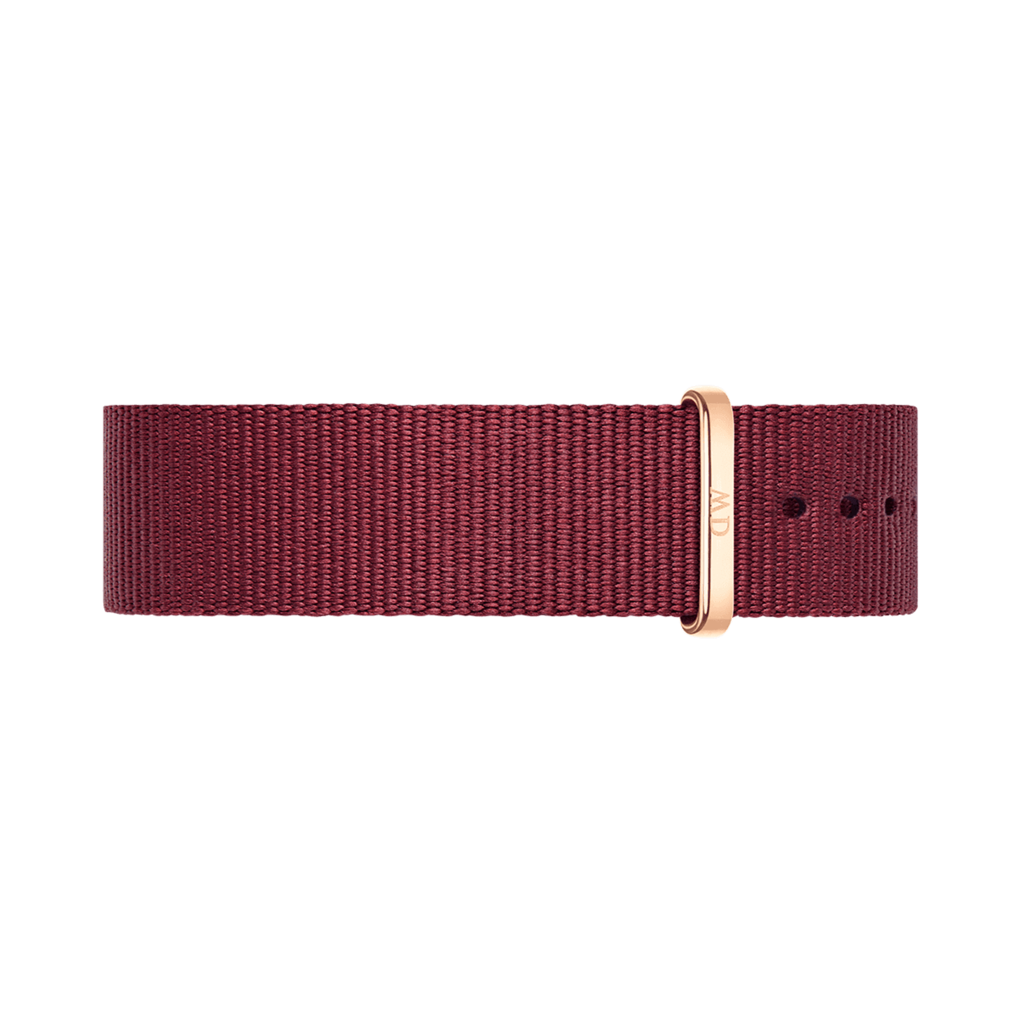 Burgundy woven fabric strap with rose gold hardware and adjustment holes