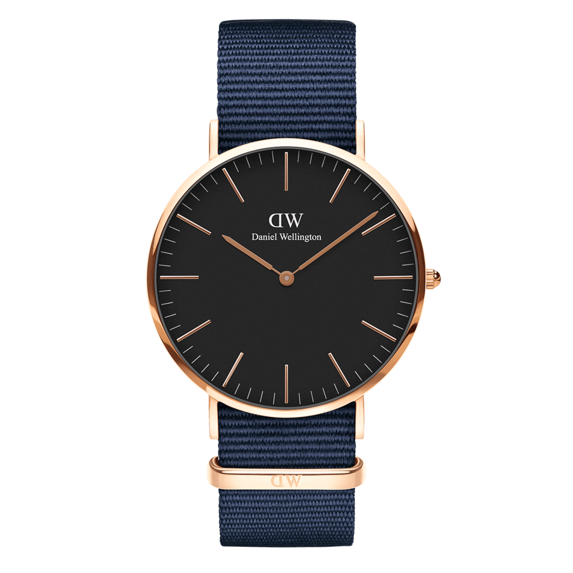 Daniel Wellington Classic Bayswater black dial watch with rose gold case and black NATO strap