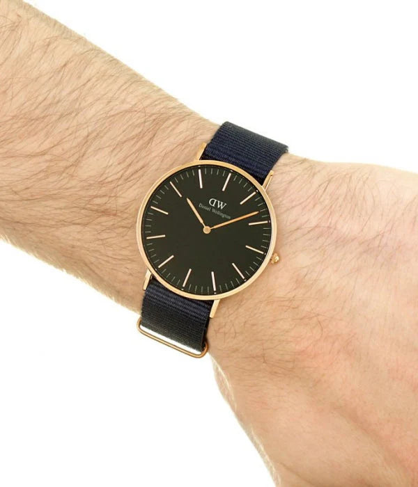 Daniel Wellington Classic Bayswater black watch worn on wrist with black NATO strap