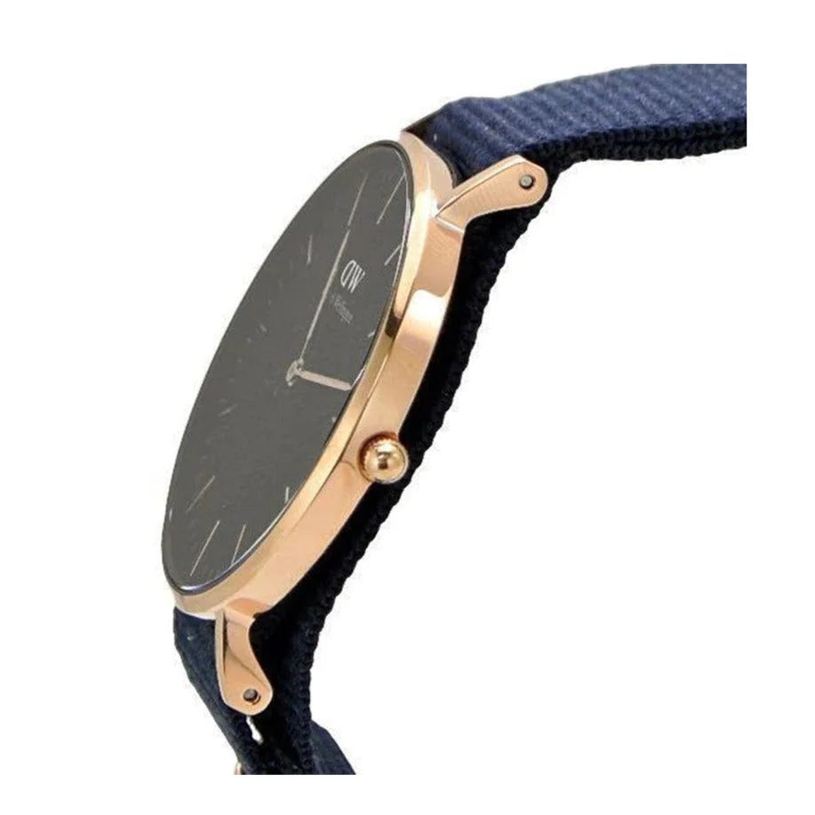 Daniel Wellington Classic Bayswater watch side profile showing rose gold case and black NATO strap