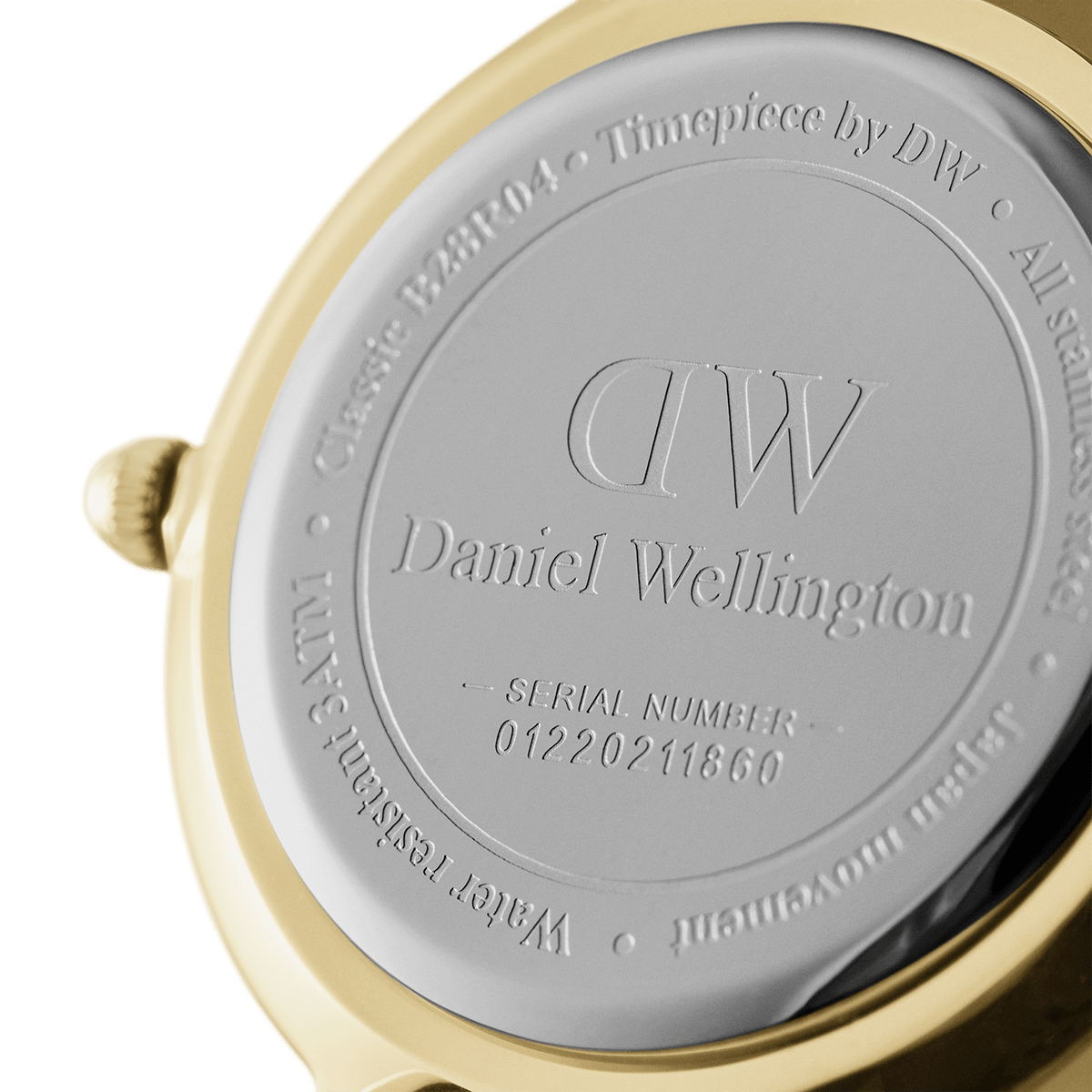 Engraved case back showing DW branding, serial number, and watch specifications