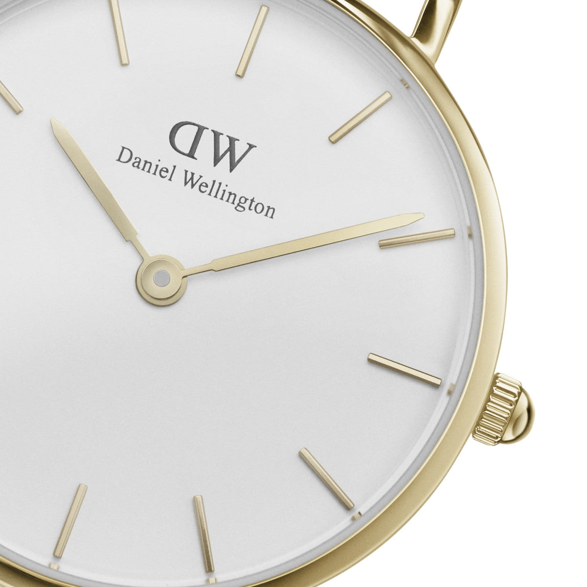 Detailed view of dial face with gold hour markers, hands, and case edge detail