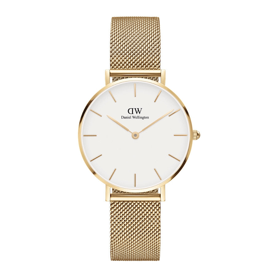 Gold-tone 32mm watch with white dial, gold mesh strap and minimalist index markers
