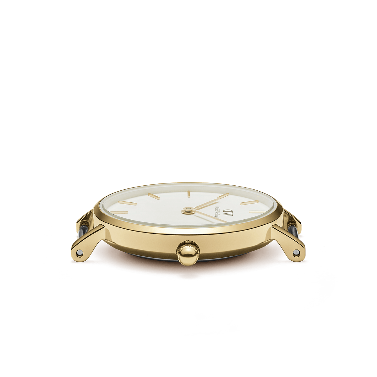 Side profile view of gold-tone watch case showing depth and lugs