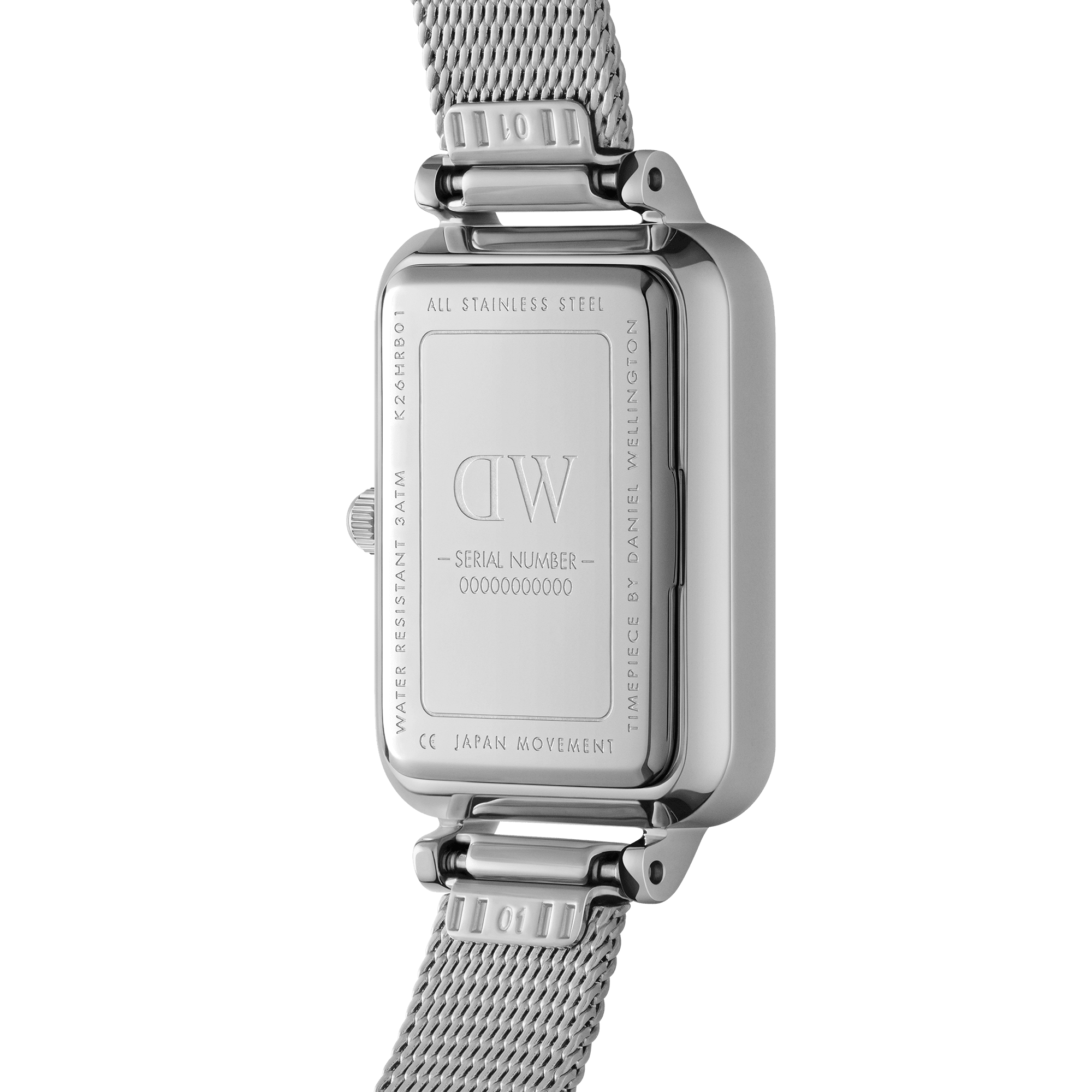 Quadro watch caseback with stainless steel engraving and serial number