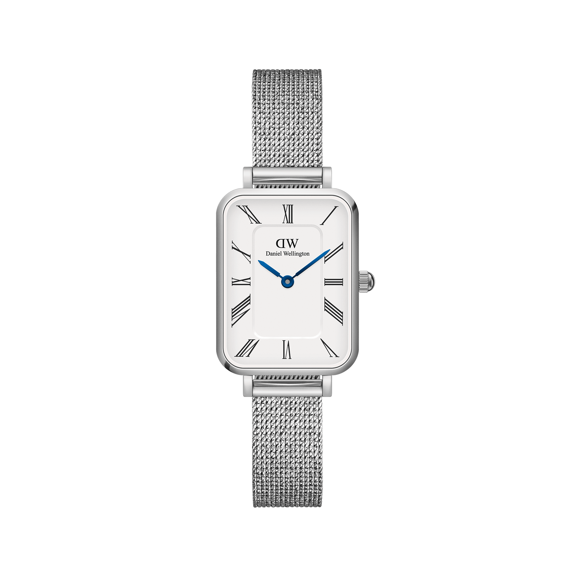 Daniel Wellington Quadro watch with Roman numerals, rectangular case, and silver mesh strap