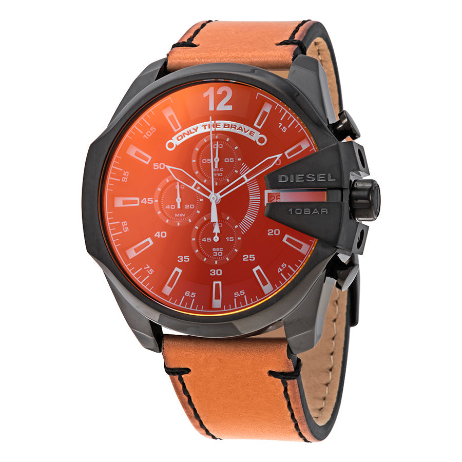 Diesel Mega Chief DZ4476 chronograph watch with black case and orange-brown leather strap