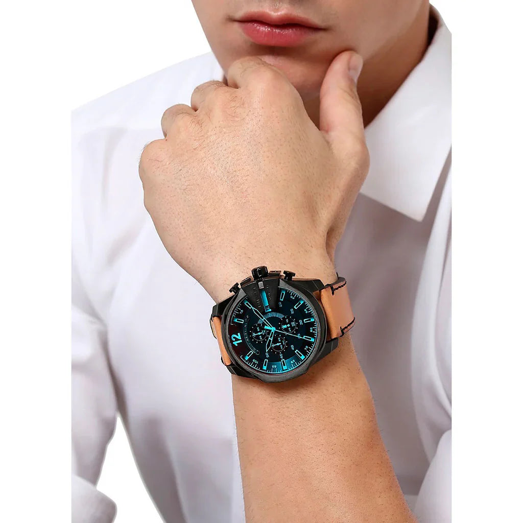 Diesel Mega Chief DZ4476 chronograph watch worn on wrist with red dial visible