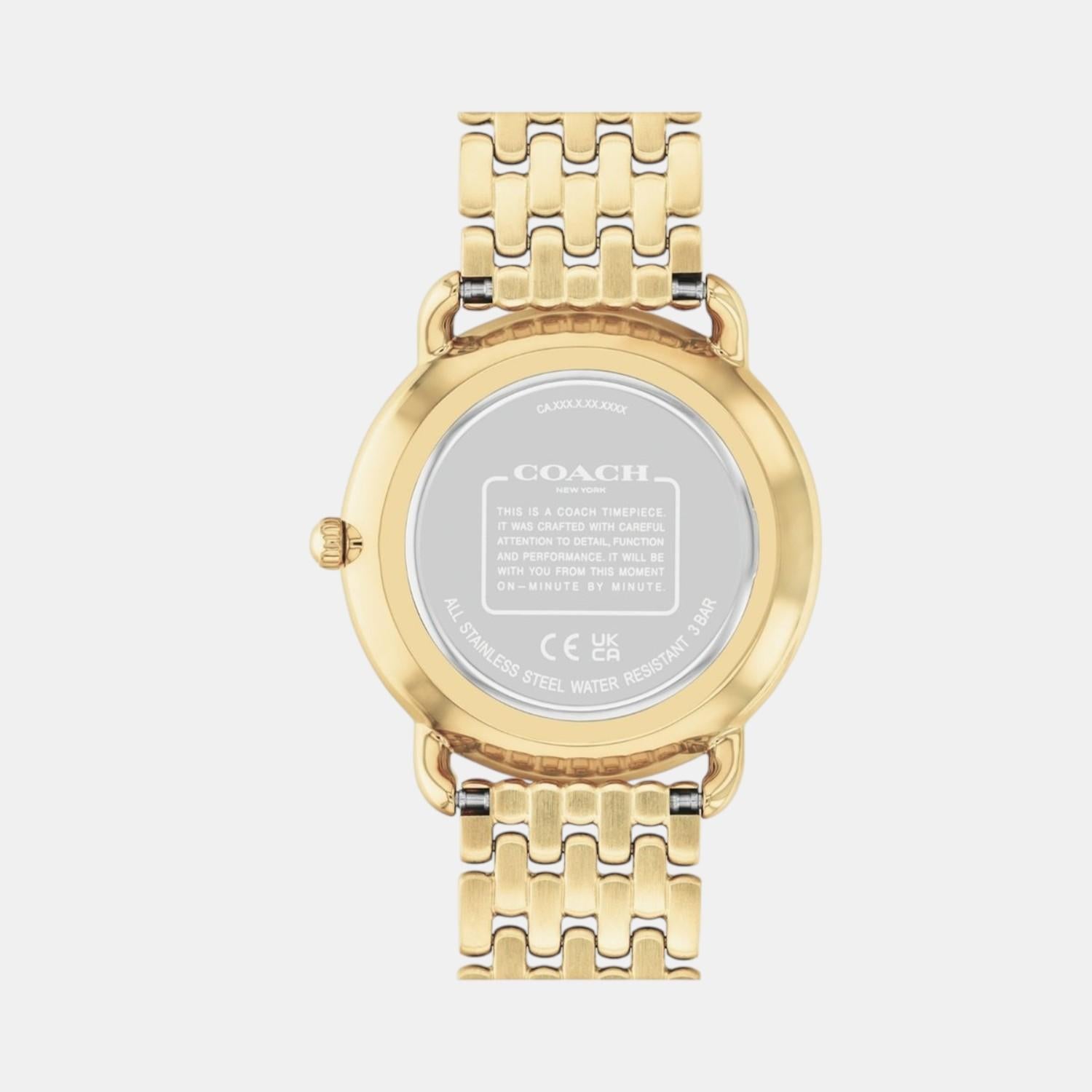 Caseback of Elliot watch showing engraved Coach branding and specifications