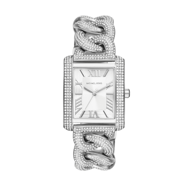 Oversized Emery watch with pavé crystal rectangular case and curb-link bracelet, silver-tone with white dial and Roman numerals