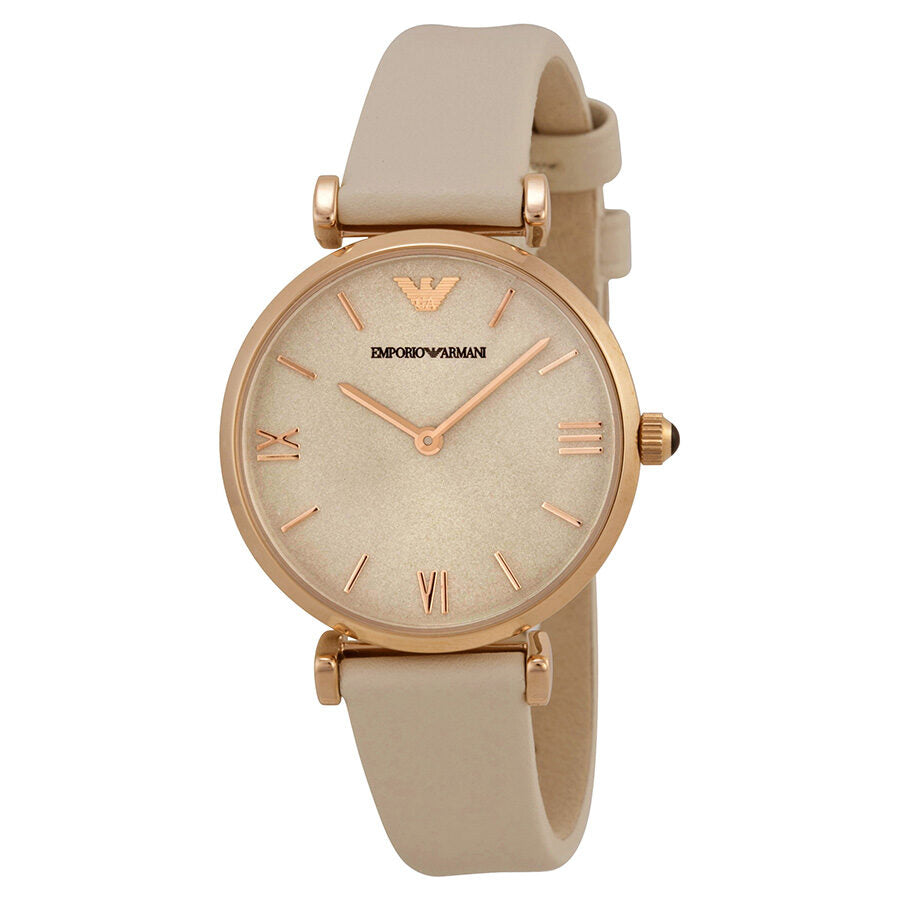 Emporio Armani light brown dial watch with rose gold case and white leather strap, Roman numerals visible