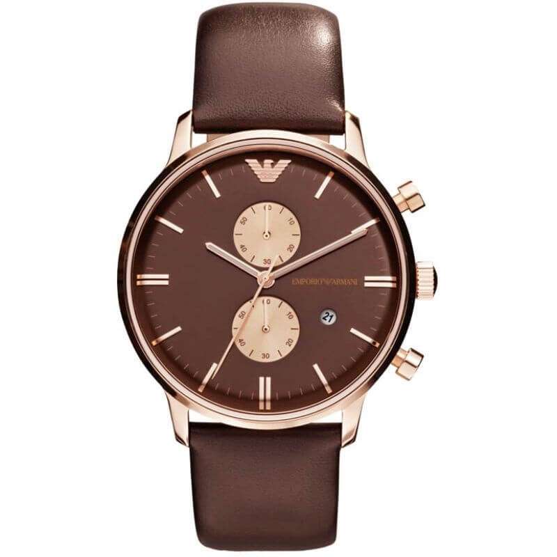 Emporio Armani AR0387 brown dial chronograph watch with rose gold case and brown leather strap