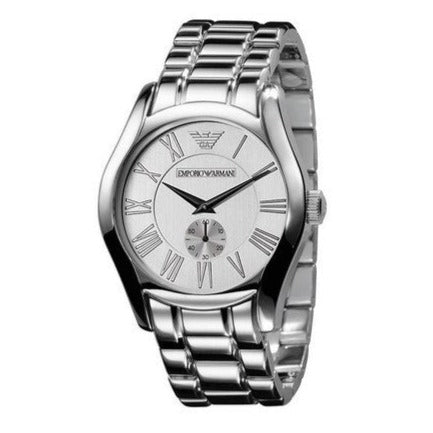 Emporio Armani AR0647 men's watch with silver steel bracelet, angled view