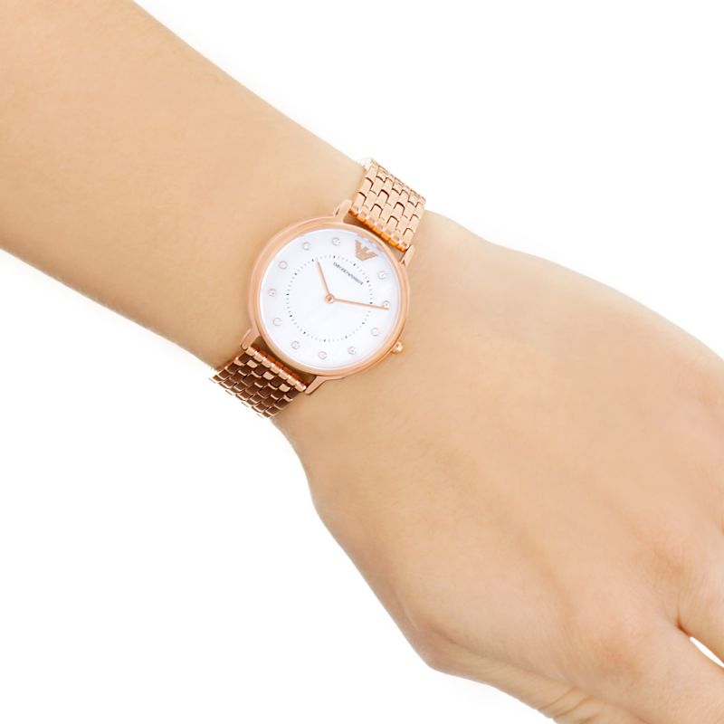 Emporio Armani AR11006 rose gold mother-of-pearl dial watch worn on wrist