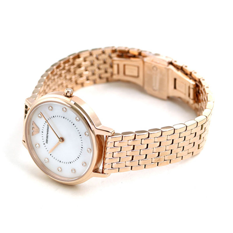 Emporio Armani AR11006 women's watch on rose gold bracelet, side view