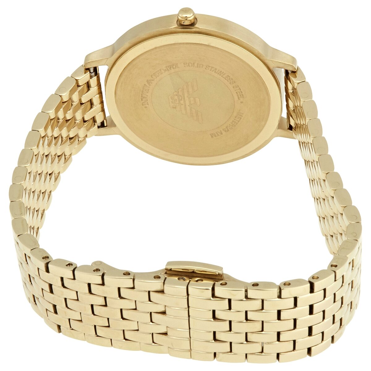 Emporio Armani AR11007 caseback showing engraved details on gold-tone case