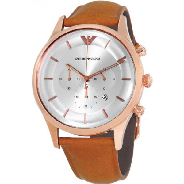 Emporio Armani AR11043 angled view showing rose gold case and tan leather strap