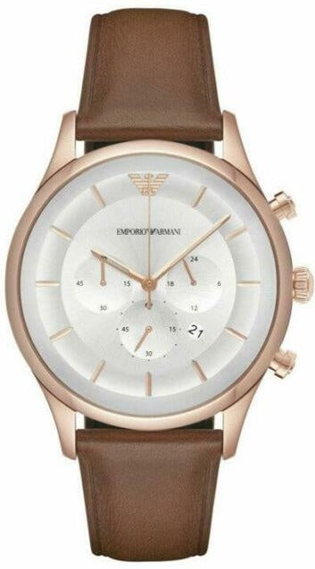 Emporio Armani AR11043 rose gold chronograph watch with brown leather strap and white dial