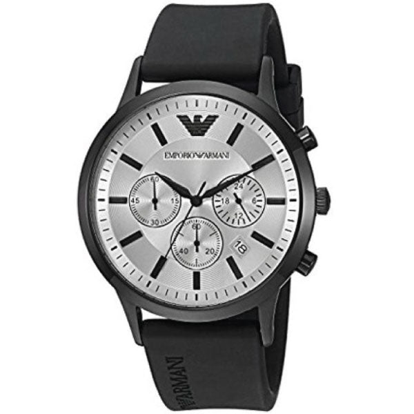 Emporio Armani AR11048 chronograph watch at angle showing silver dial and black case