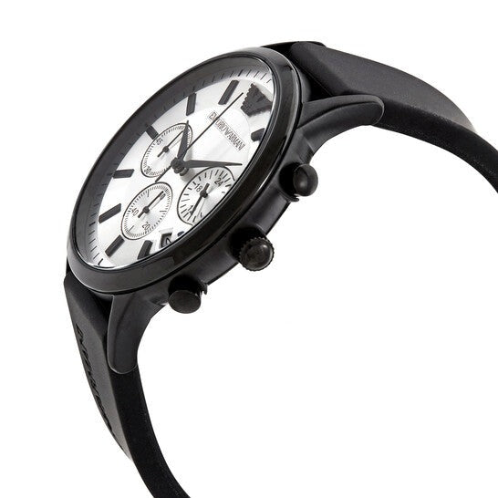 Emporio Armani AR11048 chronograph watch viewed from the side with black rubber strap