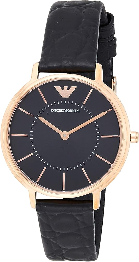 Emporio Armani AR11064 quartz watch with rose gold case, black dial, and textured leather strap