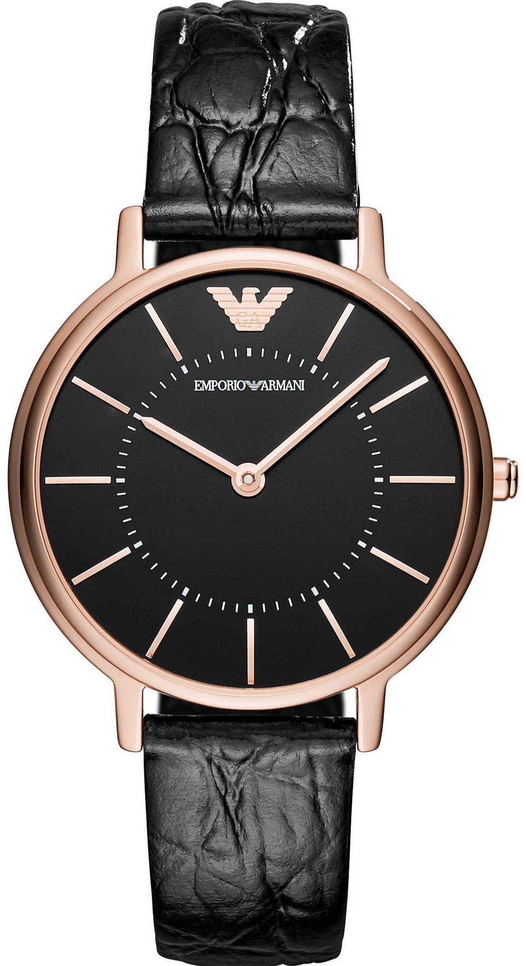 Emporio Armani AR11064 women's watch with rose gold case and black leather strap, front view