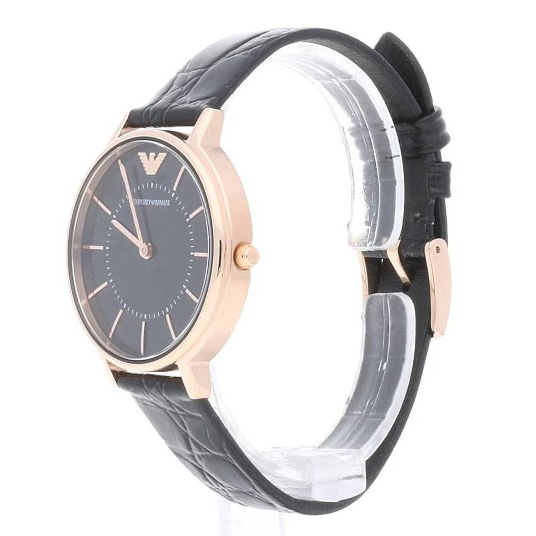 Emporio Armani AR11064 women's watch worn on wrist, showing rose gold case and black leather strap