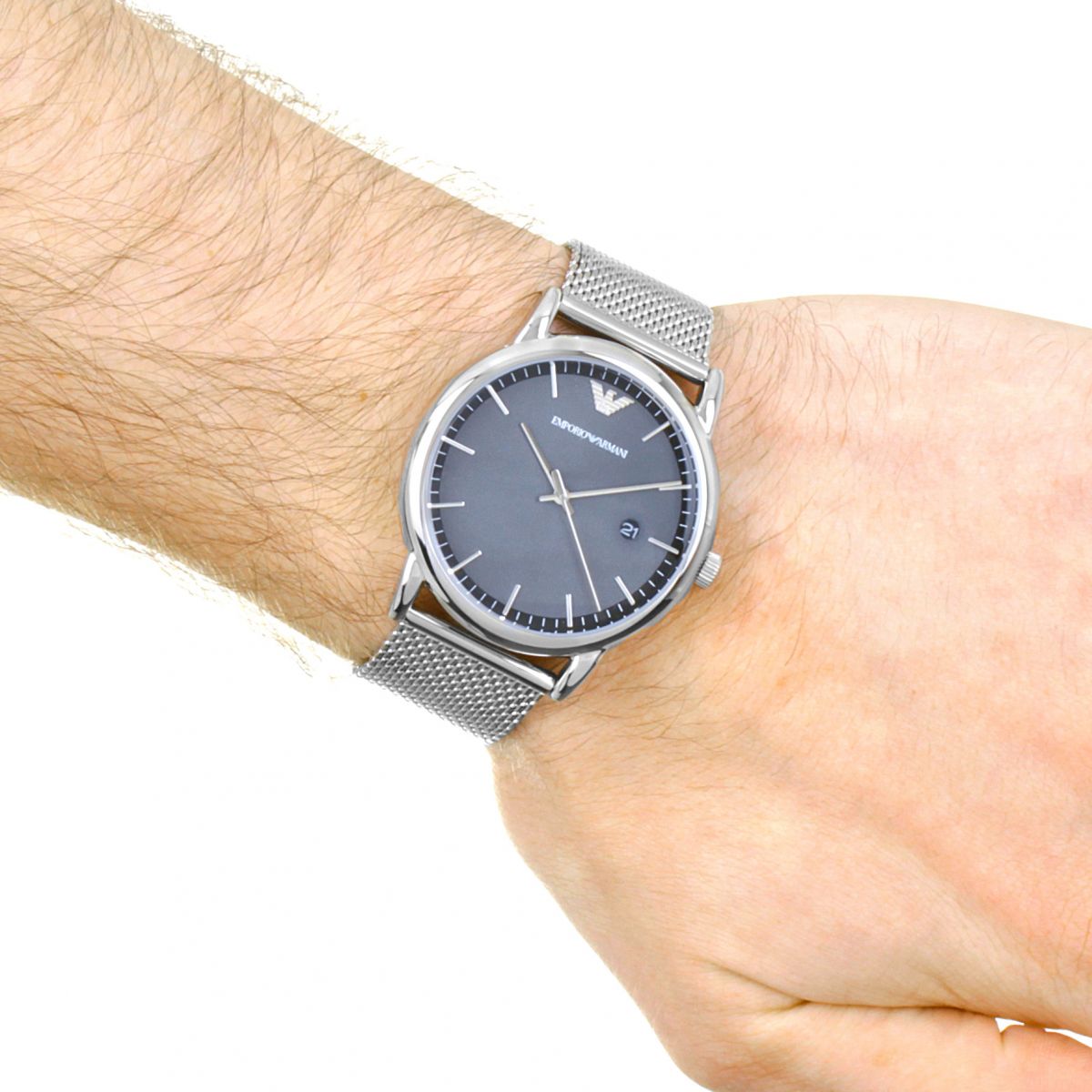AR11069 watch on wrist displaying grey dial and mesh bracelet
