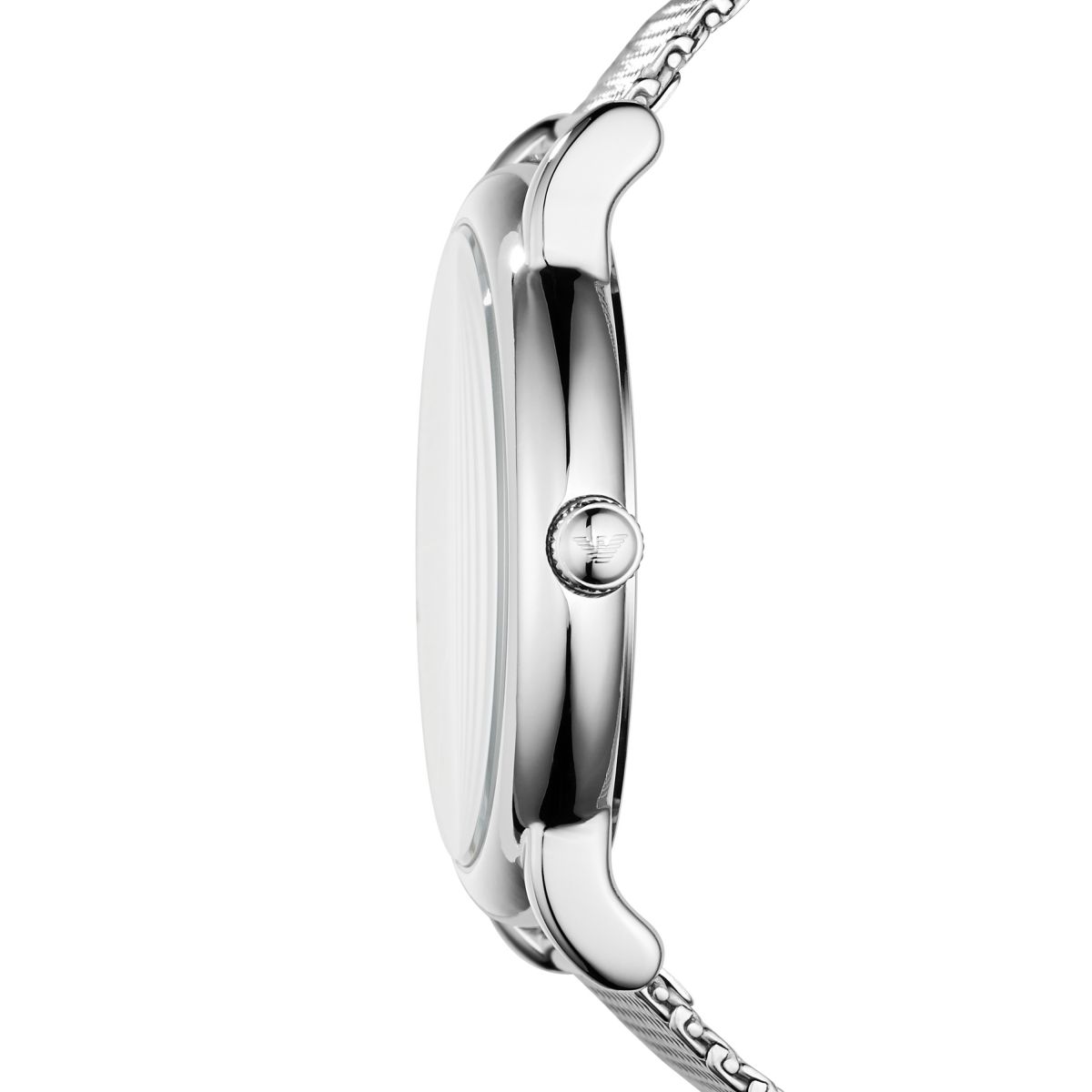 Side profile of AR11069 watch showing steel case and mesh bracelet