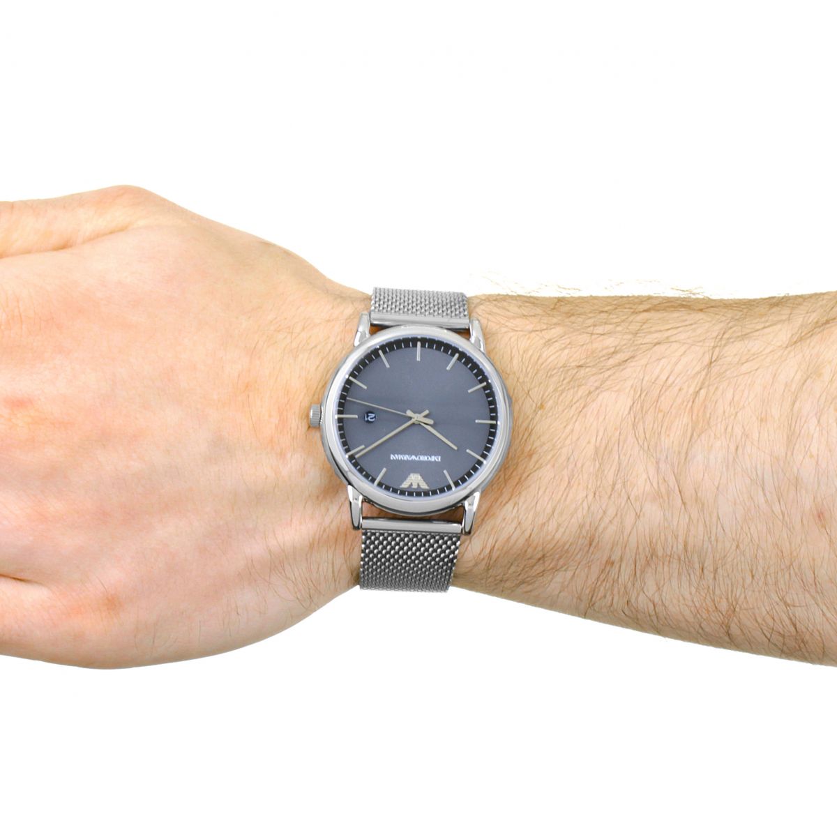 Emporio Armani AR11069 watch worn on wrist with steel mesh band