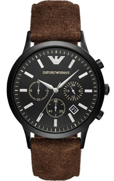 Emporio Armani AR11078 chronograph watch with black dial and brown leather strap, front view
