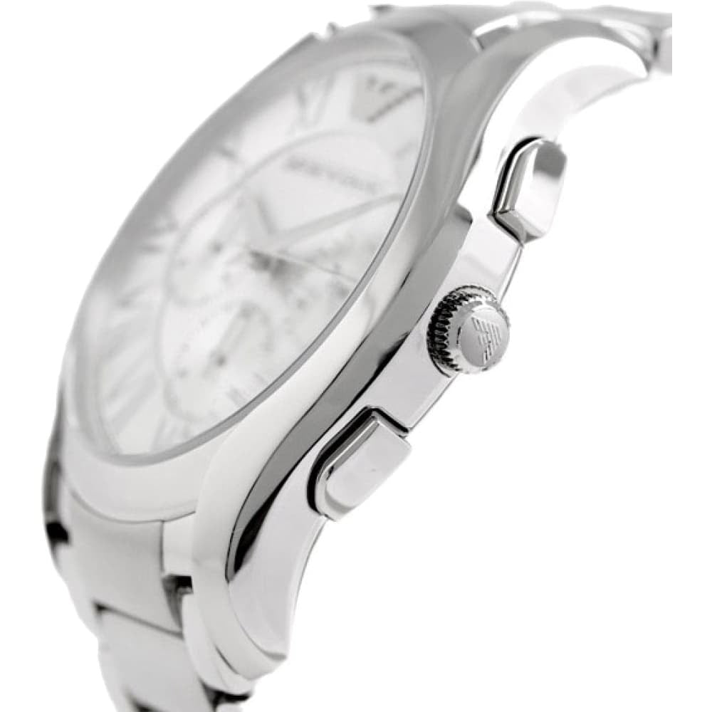 Side angle view of Emporio Armani AR11081 chronograph watch showing case profile and crown