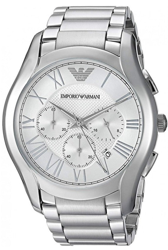 Emporio Armani AR11081 silver chronograph watch with Roman numeral dial and stainless steel bracelet