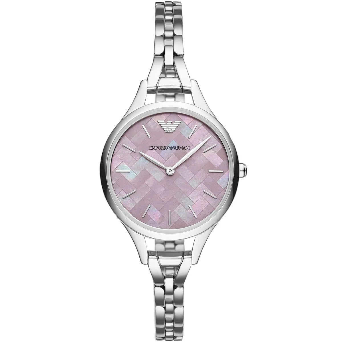 Emporio Armani Aurora women's watch pink dial silver steel strap front view