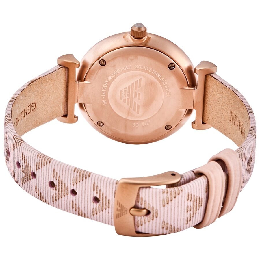 Emporio Armani AR11126 caseback showing rose gold case with eagle logo and beige leather strap