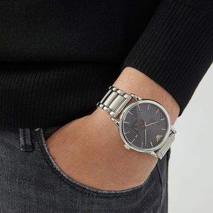 Emporio Armani AR11134 watch worn on wrist with grey dial visible
