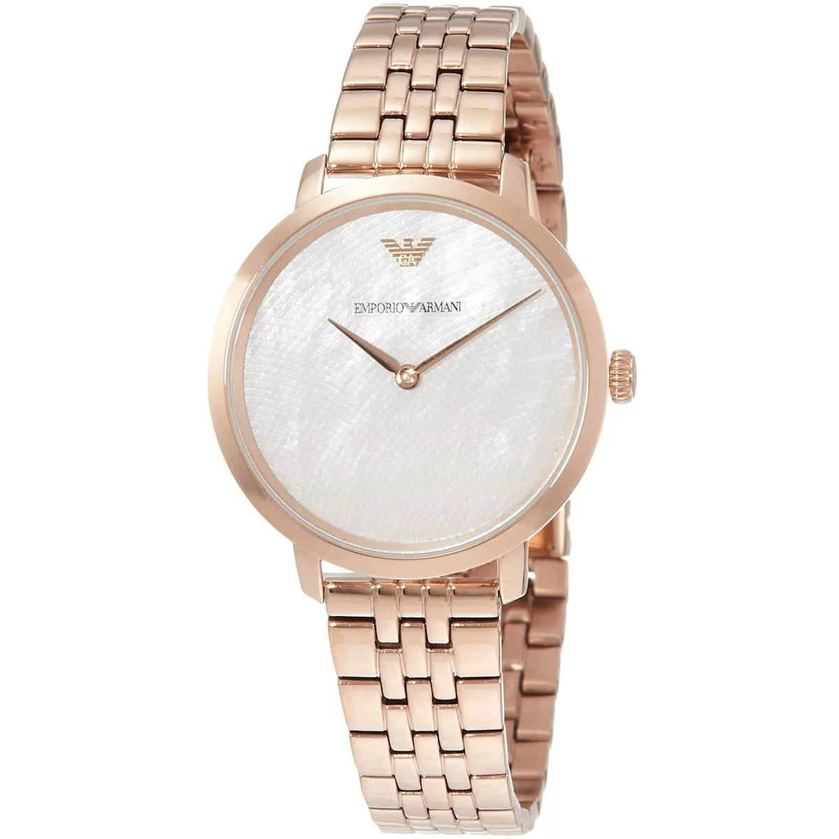 Emporio Armani AR11158 watch angled view showing slim case and mother of pearl dial